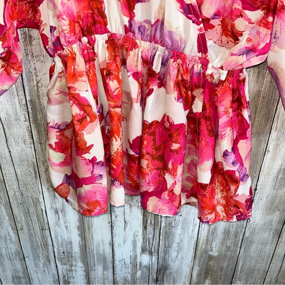 Flying Tomato Lipstick Floral Chiffon Kimono Sleeve Pink, Orange Blouse - Picture 4 of 7
